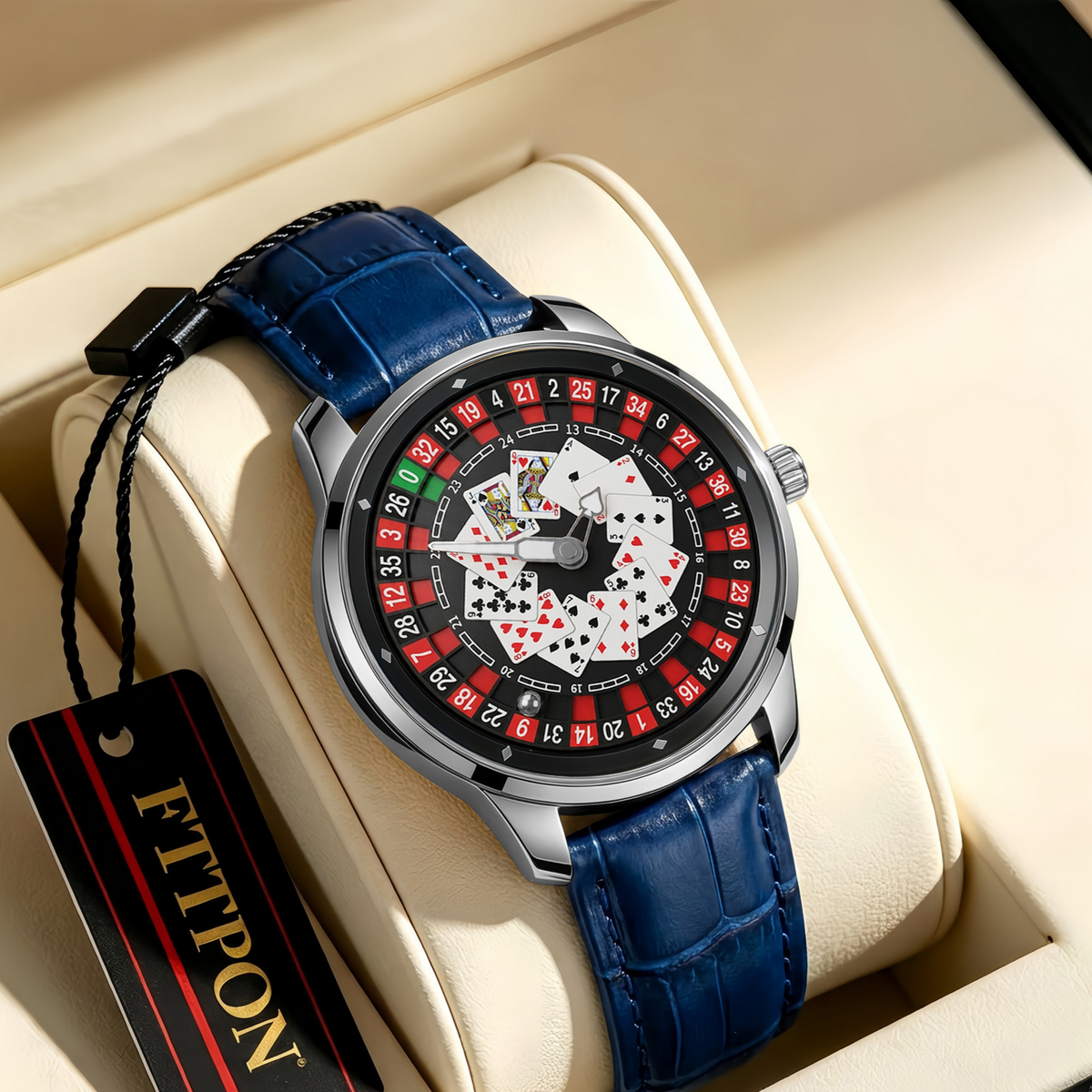 Poker Dial Quartz Watch with Genuine Leather Strap