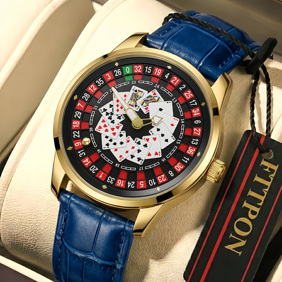 Poker Dial Quartz Watch with Genuine Leather Strap