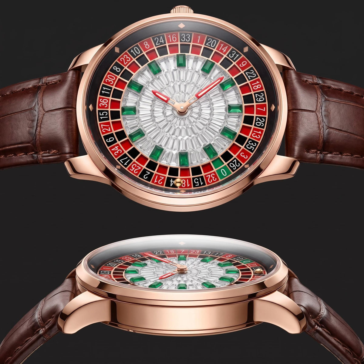 Mens Roulette Style Leather Strap Quartz Watch