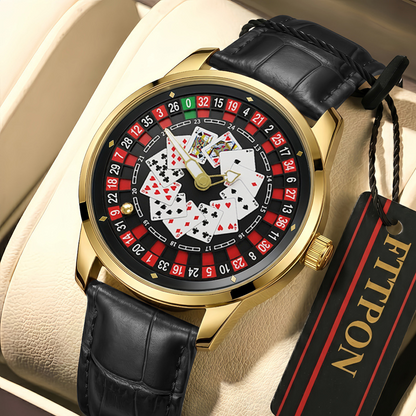 Poker Dial Quartz Watch with Genuine Leather Strap