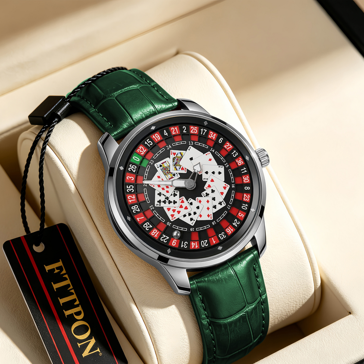 Poker Dial Quartz Watch with Genuine Leather Strap