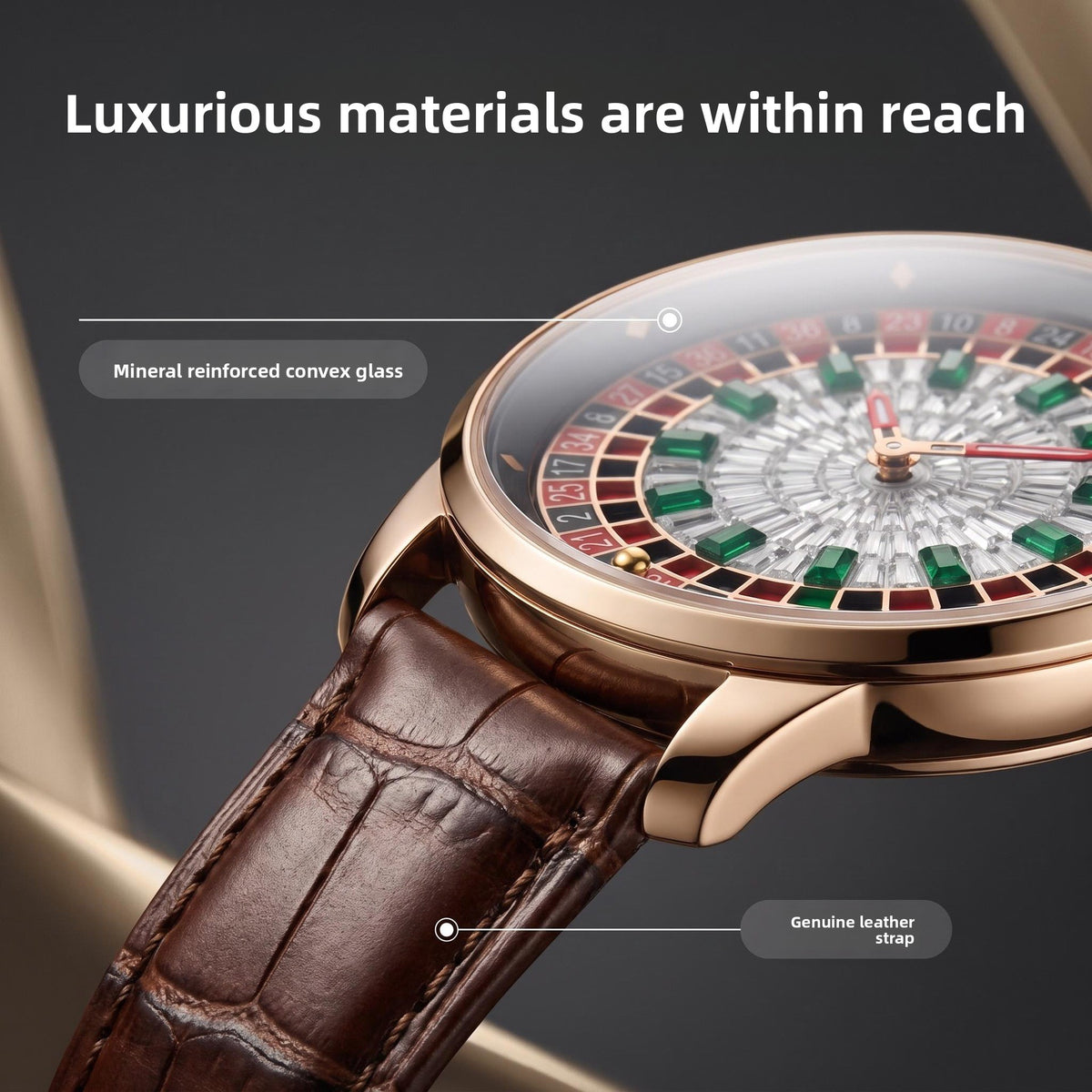 Mens Roulette Style Leather Strap Quartz Watch