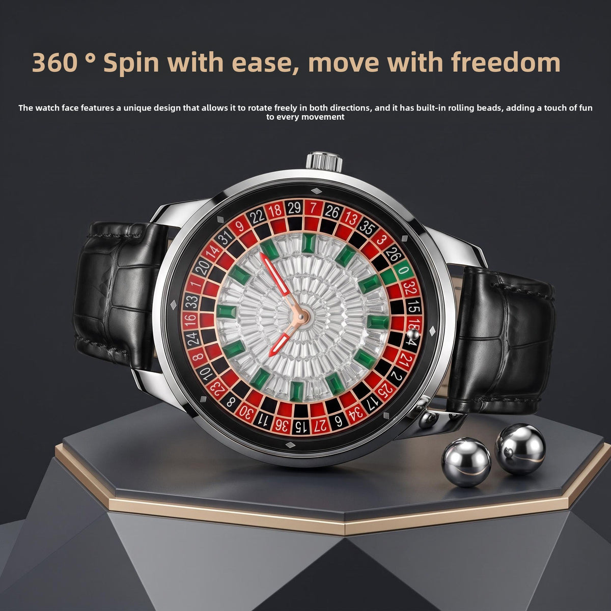Mens Roulette Style Leather Strap Quartz Watch