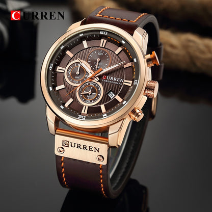 CURREN Mens Brown Waterproof Luminous Leather Strap Watch