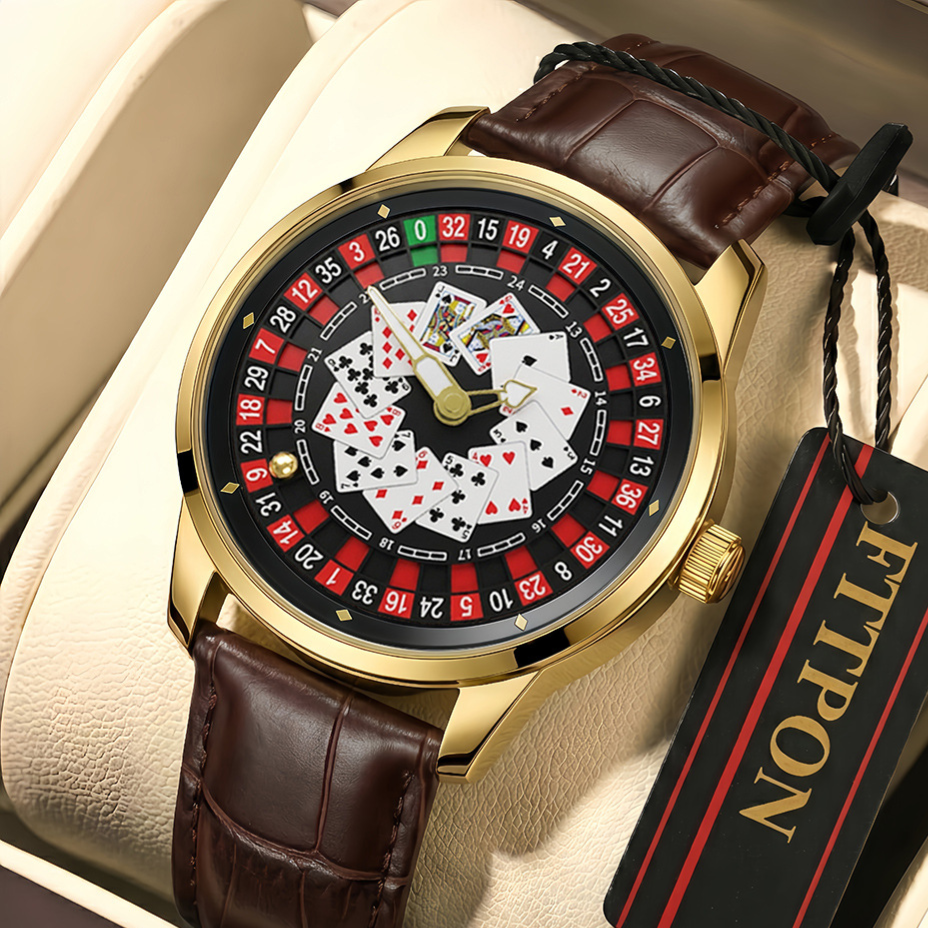 Poker Dial Quartz Watch with Genuine Leather Strap